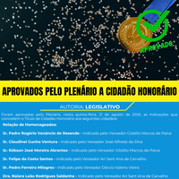 APROVADOS PELO PLENÁRIO A CIDADÃO HONORÁRIO